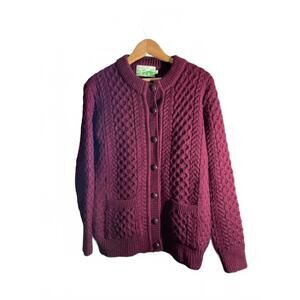 Shades of Aran Ireland Wool Maroon Knit Cardigan Sweater with Pockets Small
